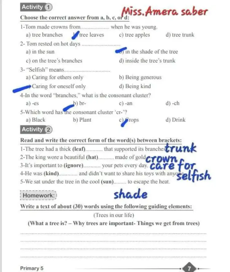 حل الواجب المنزلي إنجليزي خامسة ابتدائي الأسبوع الأول ترم أول 2026